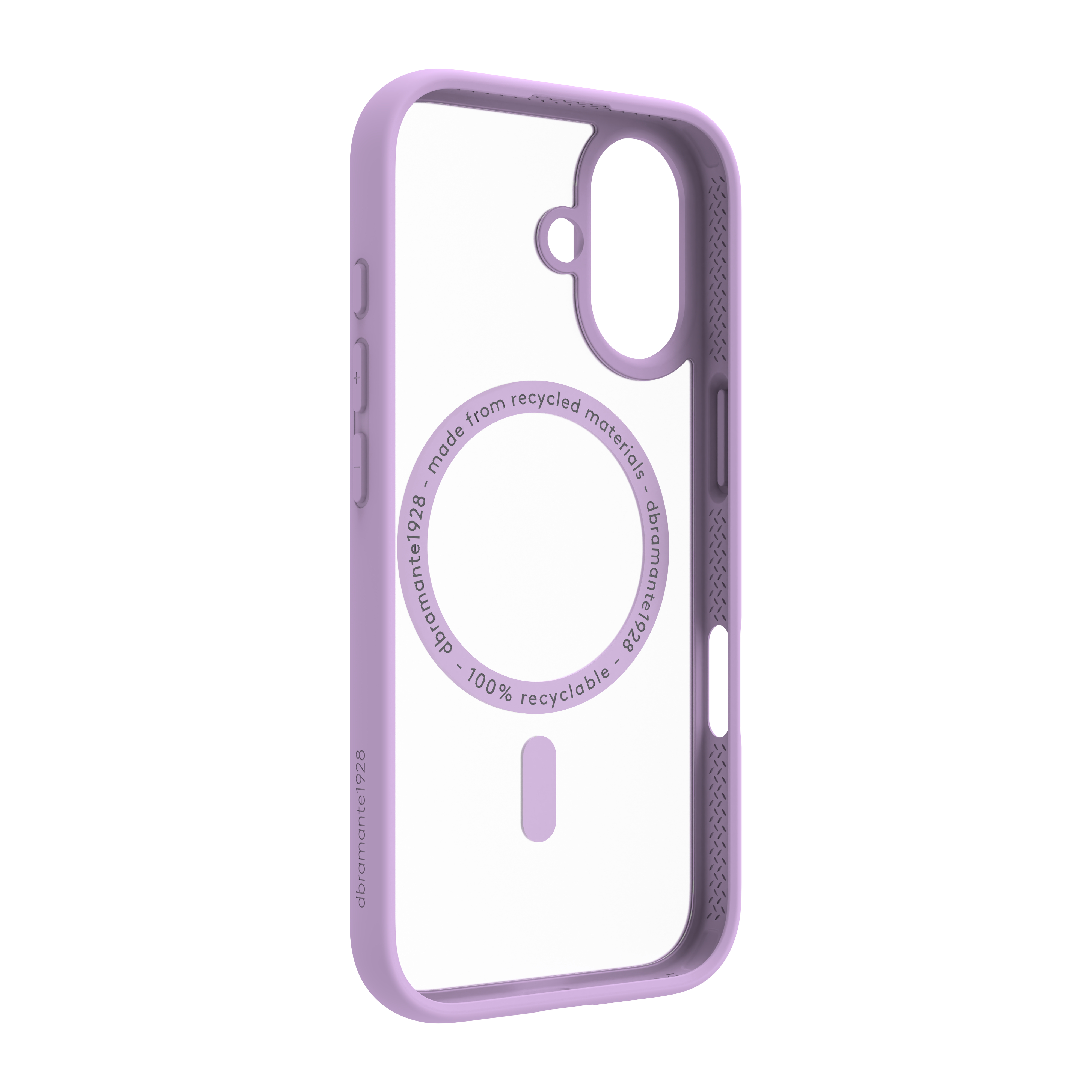 Una custodia trasparente per iPhone in lilla. Il testo sulla custodia recita: realizzata con materiali riciclati, 100% riciclabile e dbramante1928.