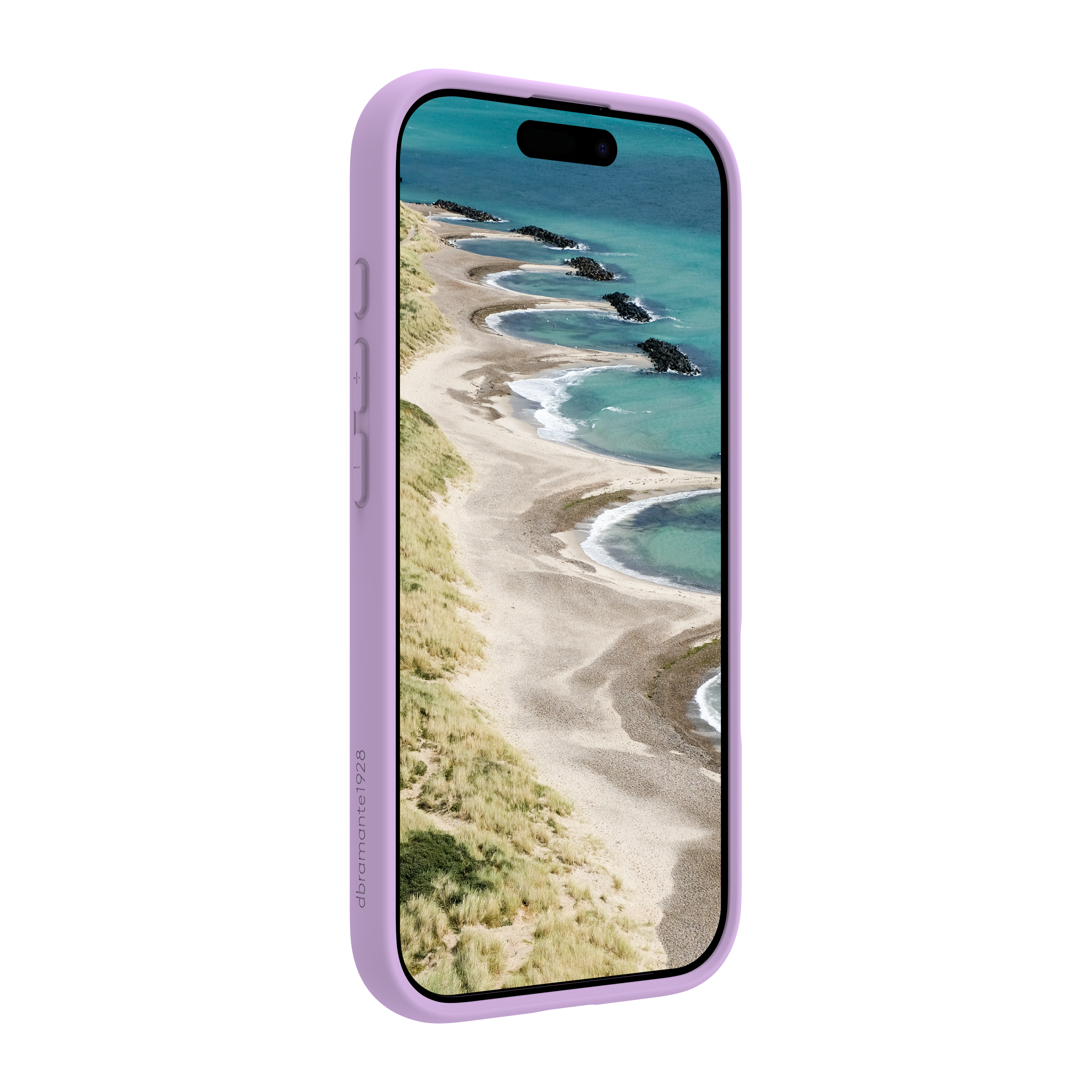 Un telefono in una custodia viola mostra una scena costiera con spiaggia, mare e rocce.