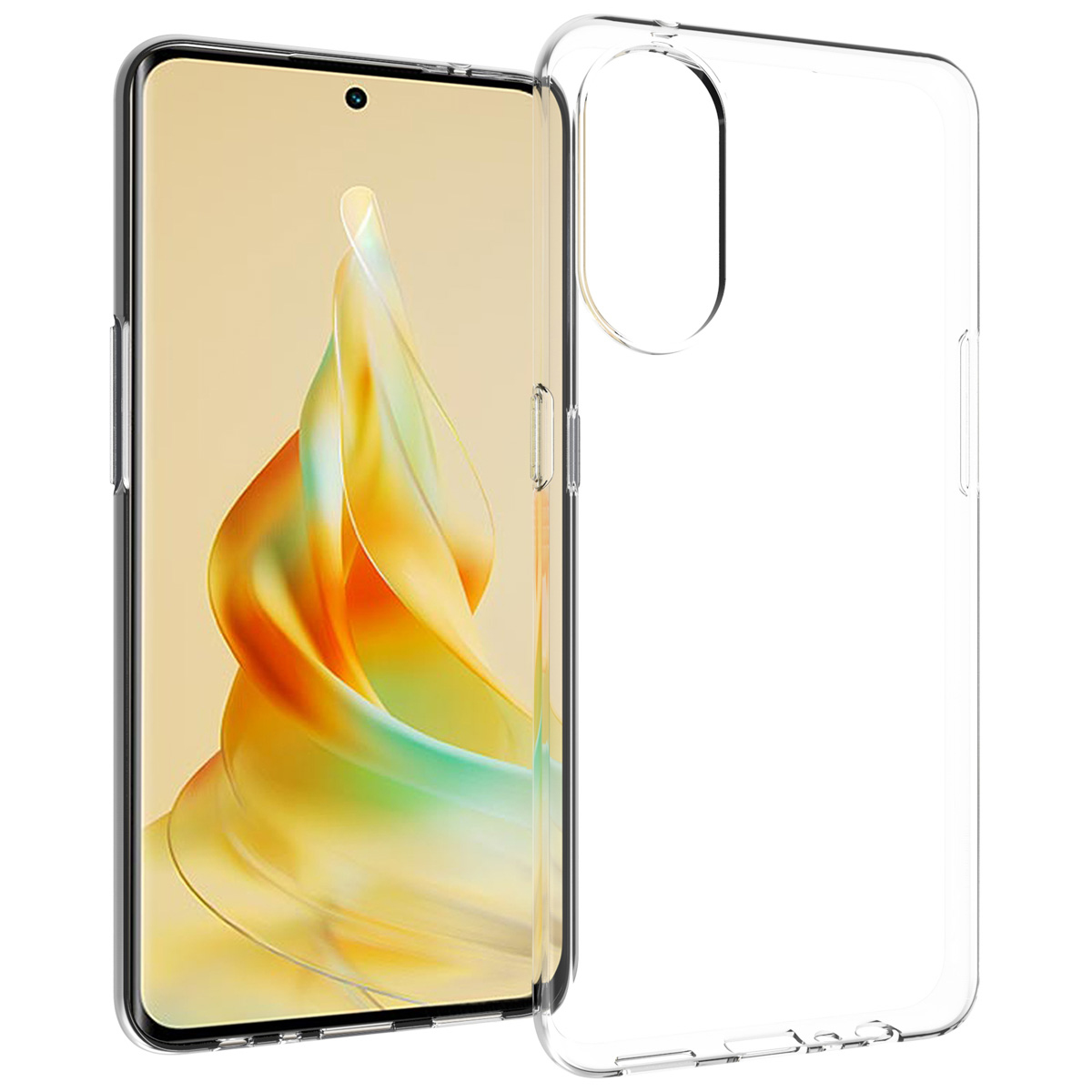 Ein Smartphone mit einer durchsichtigen Schutzhülle. Der Bildschirm zeigt abstrakte, bunte Formen. Die Hülle ist transparent.