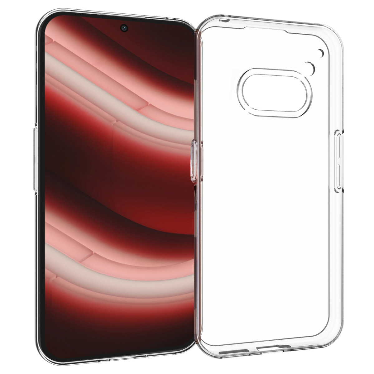 Uno smartphone con schermo sfumato rosso accanto a una custodia trasparente. La custodia ha ritagli per la fotocamera e i pulsanti.