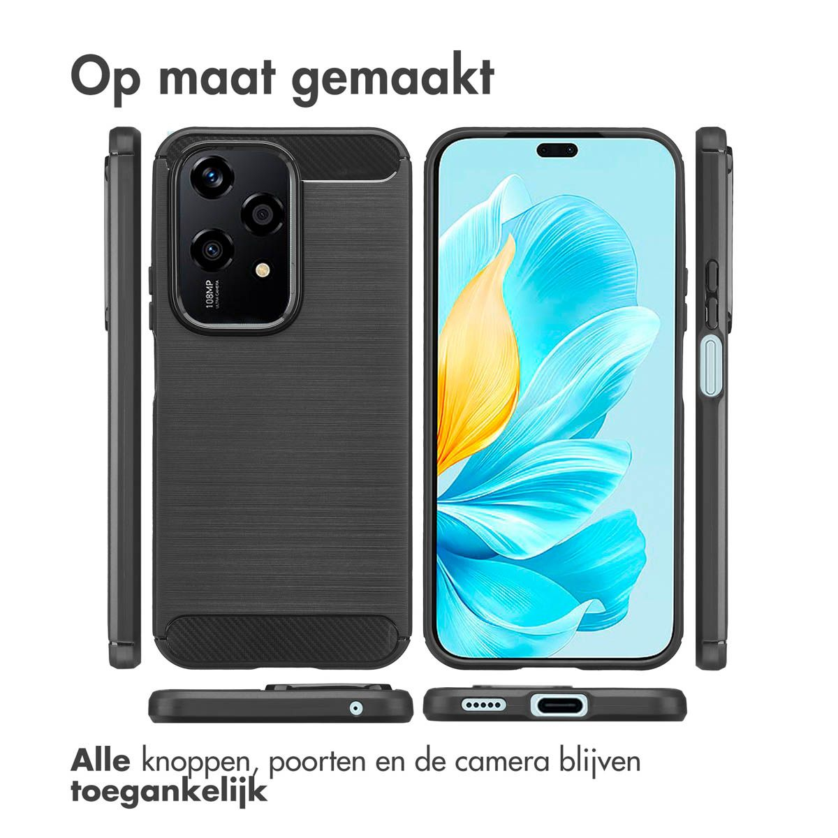 Un étui de téléphone et un téléphone sont affichés. L'étui est noir et le téléphone a une image bleue et jaune sur l'écran.