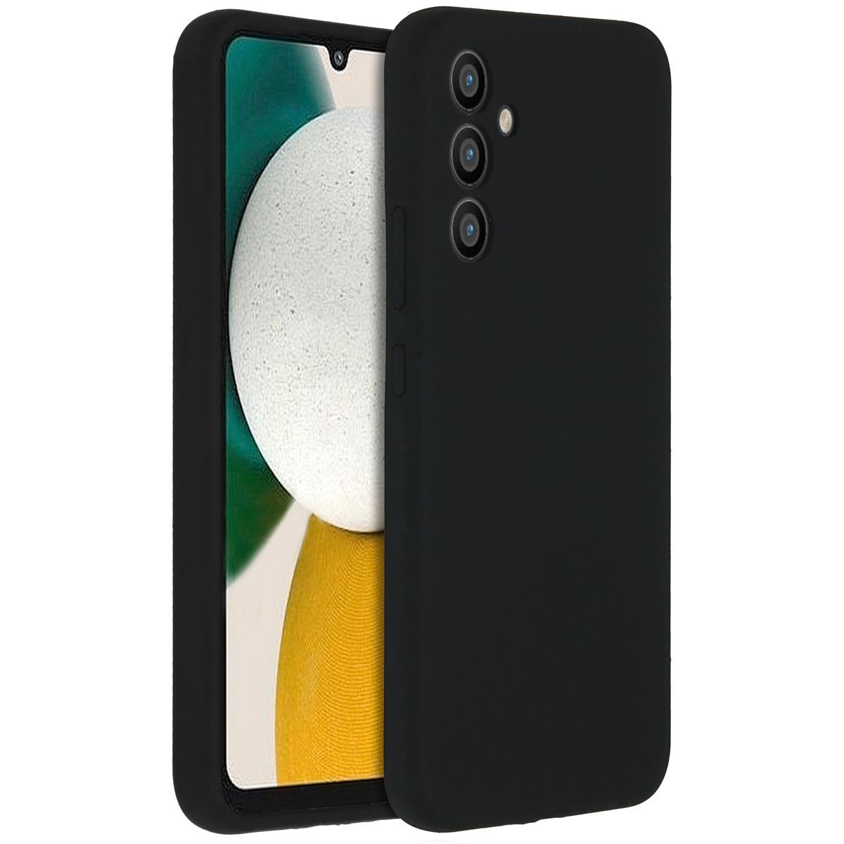 Un étui de téléphone noir avec un téléphone à l'intérieur. Le téléphone a un écran vert. Trois caméras sont visibles au dos de l'étui.