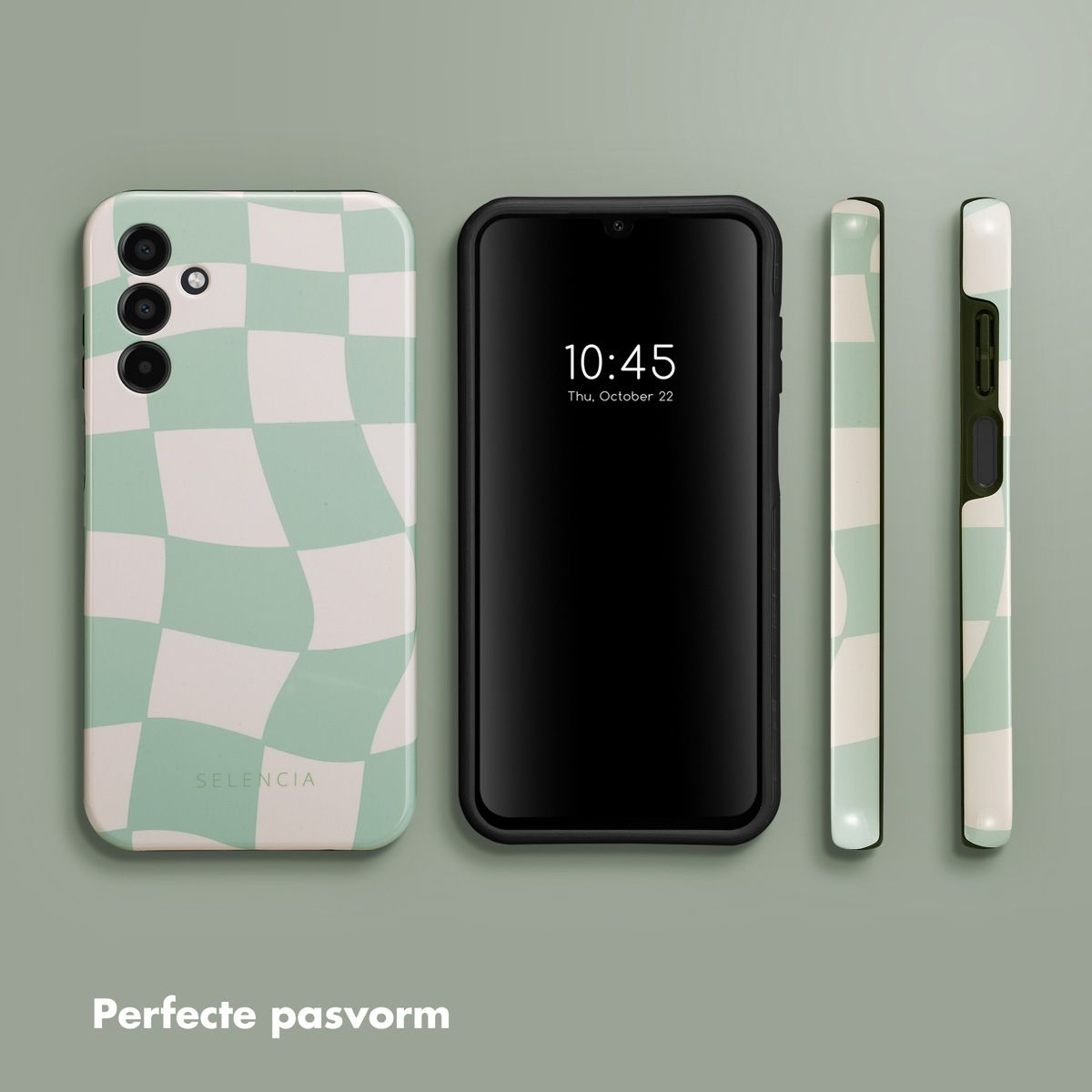 Een telefoon en telefoonhoesjes worden weergegeven. De telefoon toont de tijd 10:45. Hoesjes hebben een geruit patroon van wit en groen.