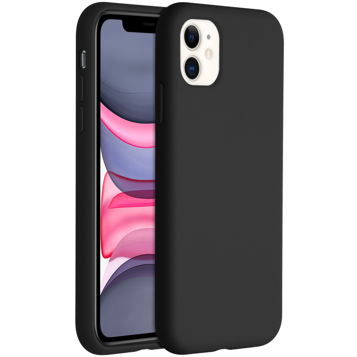 Een zwarte telefoonhoes met een telefoon erin. De telefoon heeft een zwarte rand en een scherm met kleurrijke vormen.