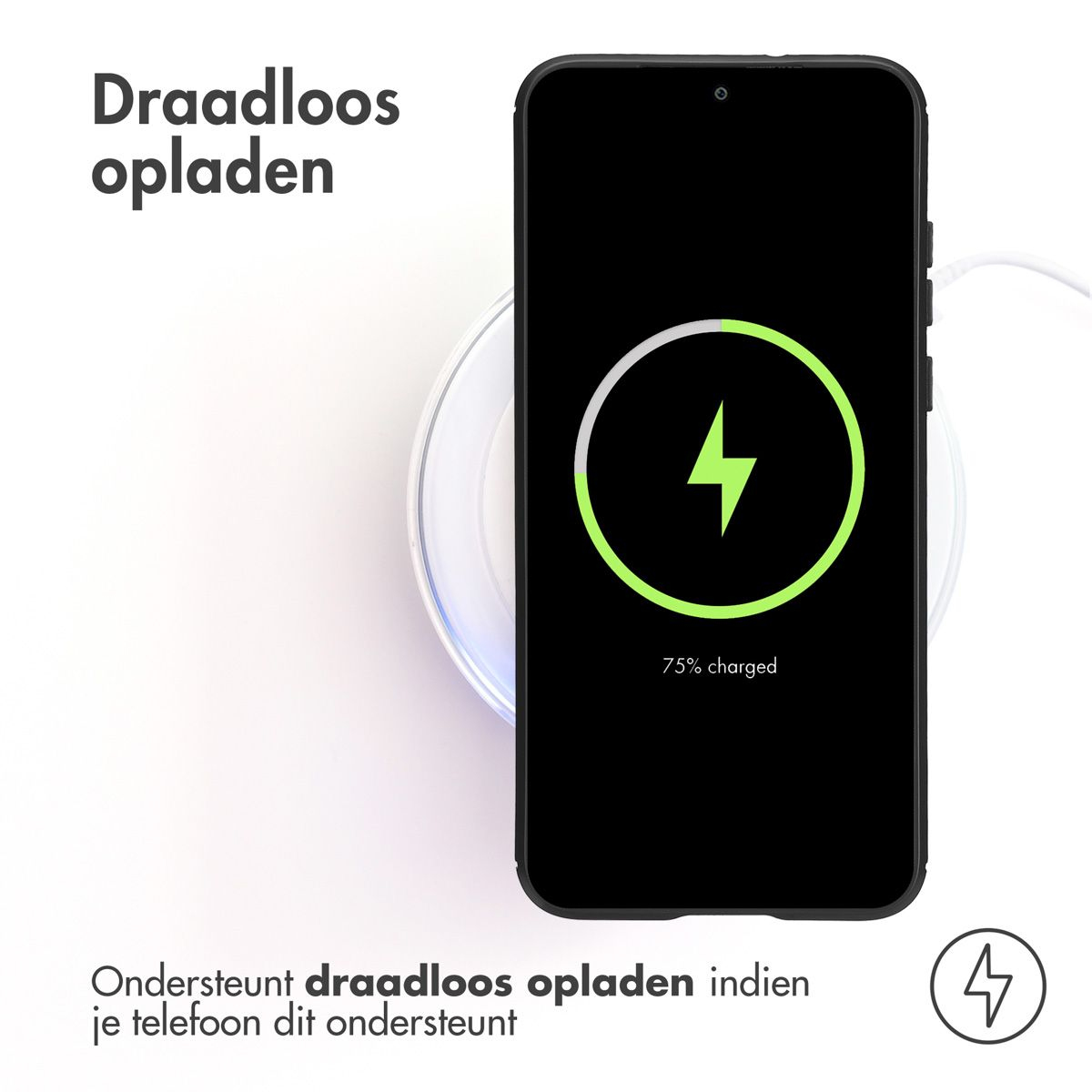 Een telefoon laadt draadloos op een wit oplaadpad. Het telefoonscherm toont een oplaadsymbool van 75%. Tekst luidt 'Draadloos opladen'.