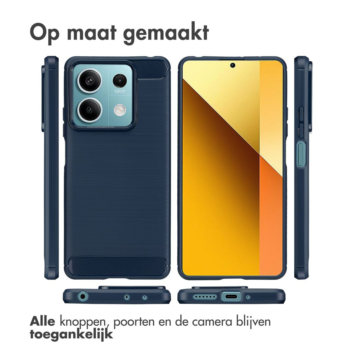 L'image montre une coque de téléphone avec un téléphone à l'intérieur. La coque est bleu foncé et l'écran est doré. Texte: Op maat gemaakt.