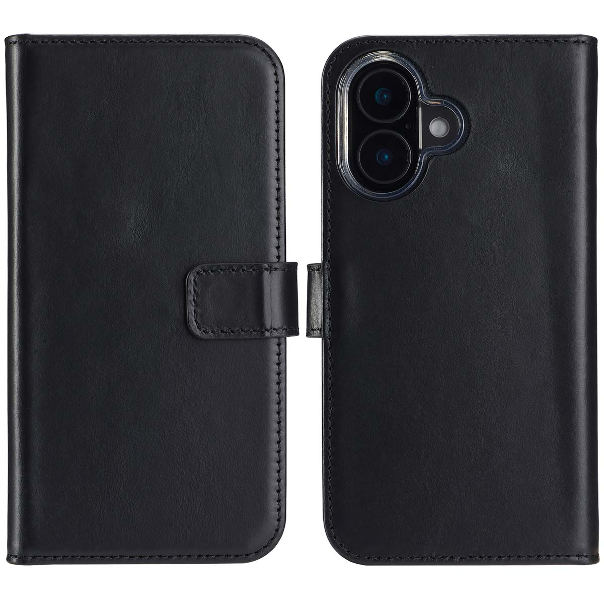 Zwarte leren telefoonhoes, open. Links een portemonnee, rechts een telefoon met twee camera's.