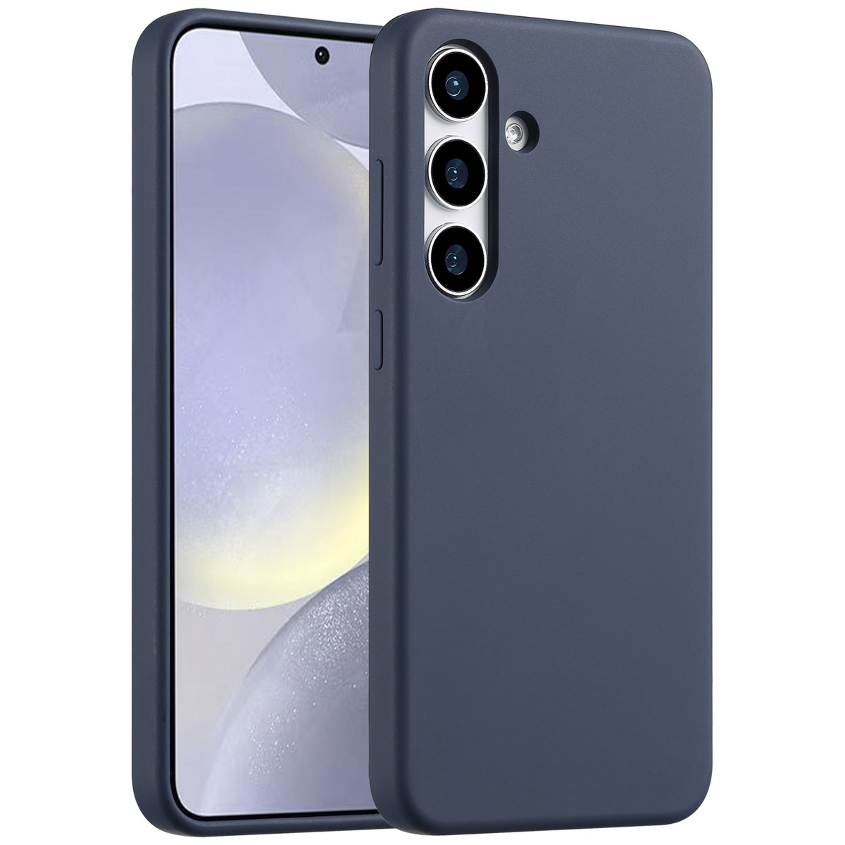 Un étui de téléphone bleu foncé à côté d'un smartphone avec écran. L'étui a trois objectifs d'appareil photo.