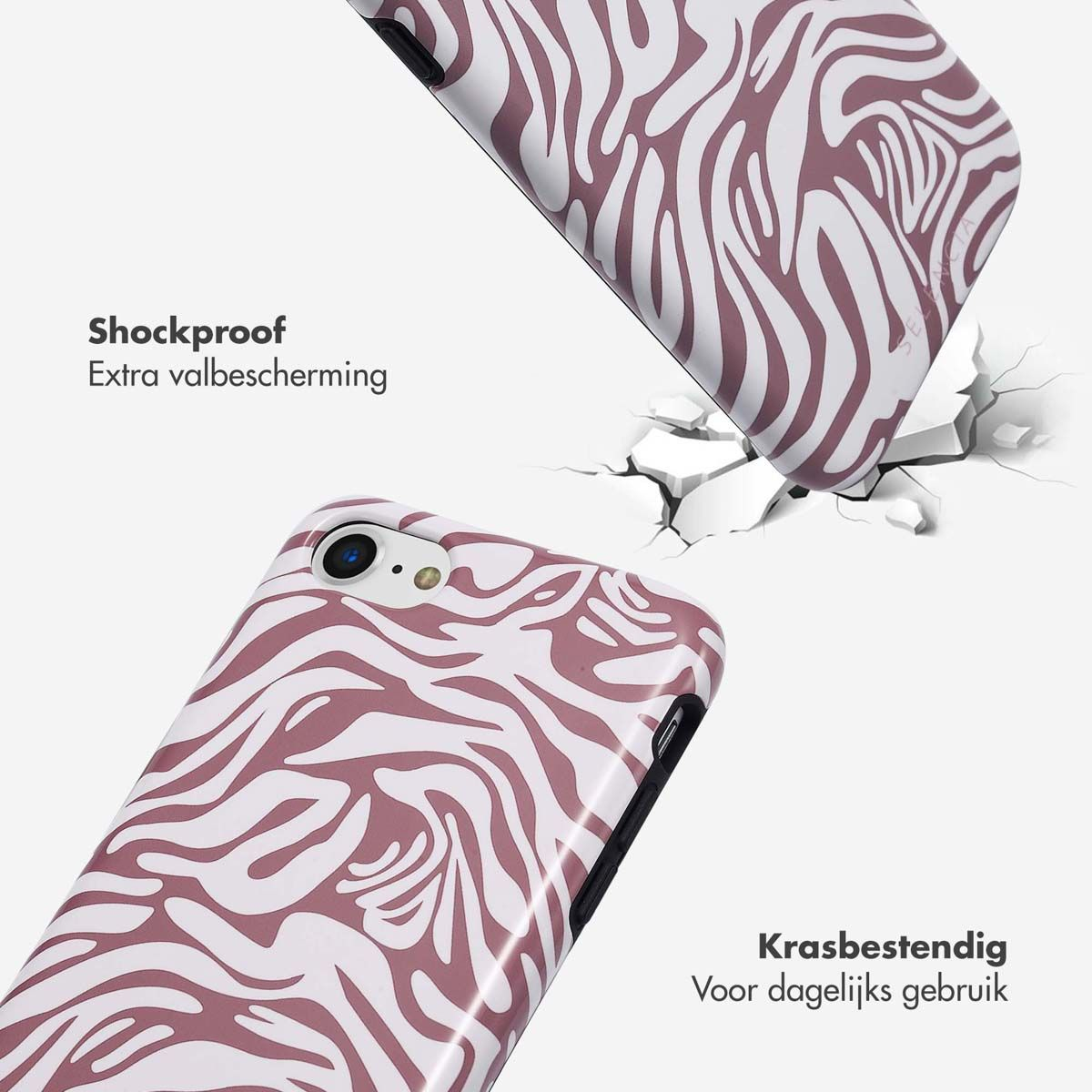 Twee telefoonhoesjes met een zebra-achtig patroon worden getoond. Eén breekt een oppervlak. Tekst zegt schokbestendig en krasbestendig.