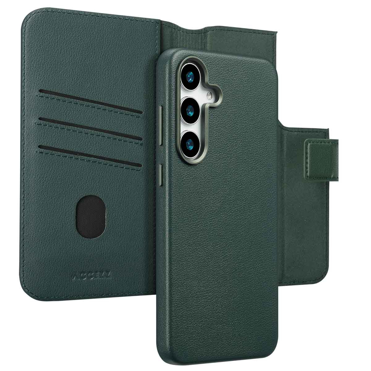 Een donkergroene telefoonhoes met een portemonnee-ontwerp. Het heeft een telefoonhouder, kaartsleuven en een magnetische sluiting.