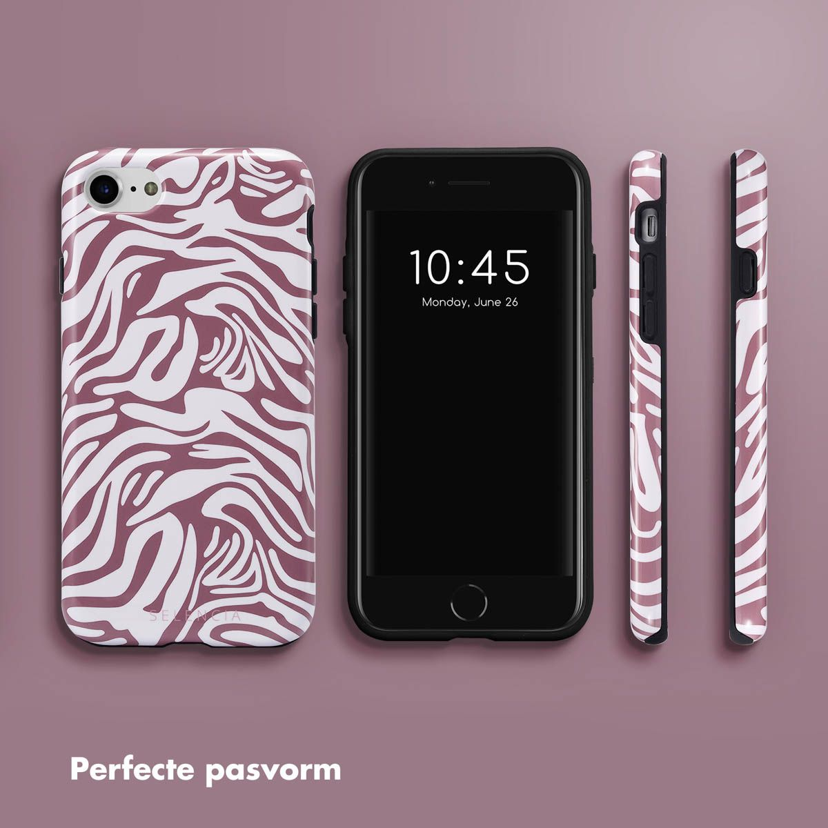 Een telefoon en drie hoesjes. De telefoon toont de tijd. Hoesjes zijn in wit en bordeaux zebrapatroon. Achtergrond is bordeaux.