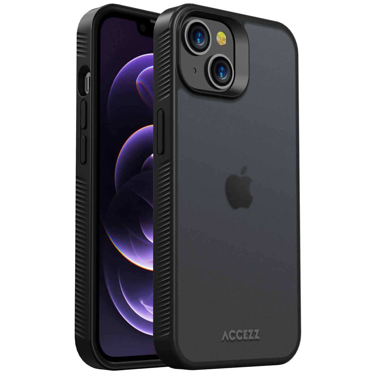 iPhone noir dans un étui de protection. L'étui a des bords surélevés, un logo et le nom de la marque. L'écran est visible.