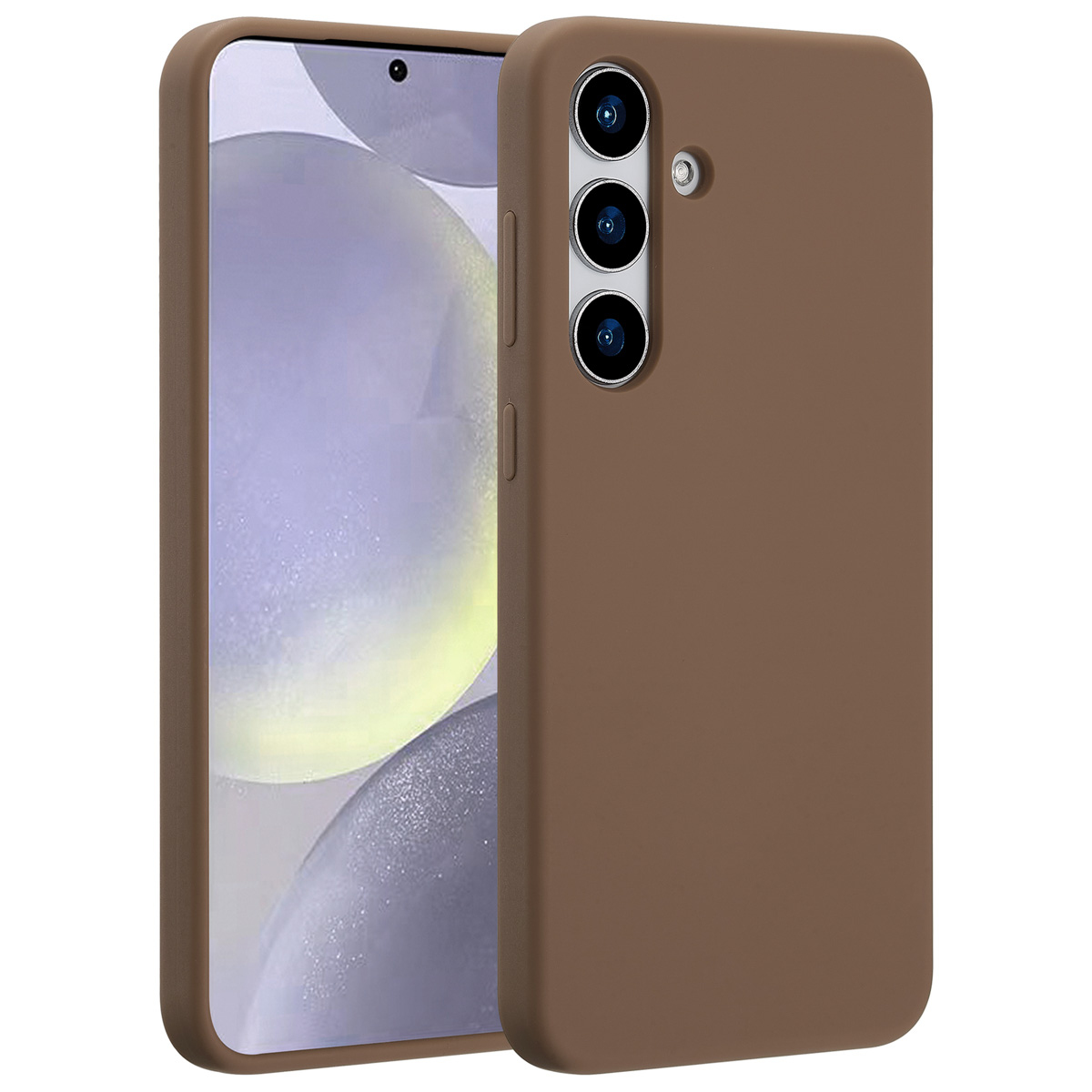 Une coque de téléphone marron avec un téléphone à l'intérieur. Le téléphone a un écran clair et une caméra.
