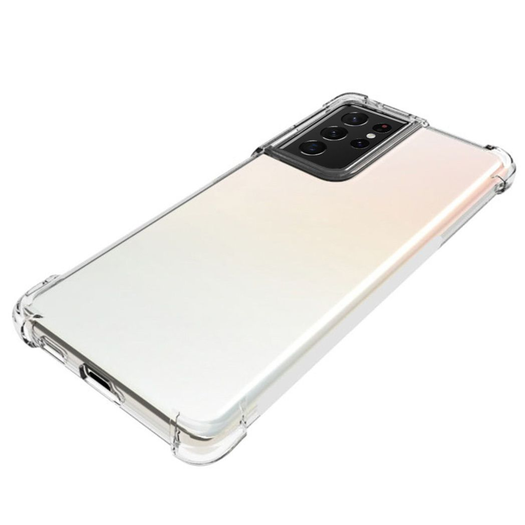 Uno smartphone in una custodia protettiva trasparente è mostrato su sfondo bianco. Il telefono ha un modulo fotocamera multi-obiettivo.