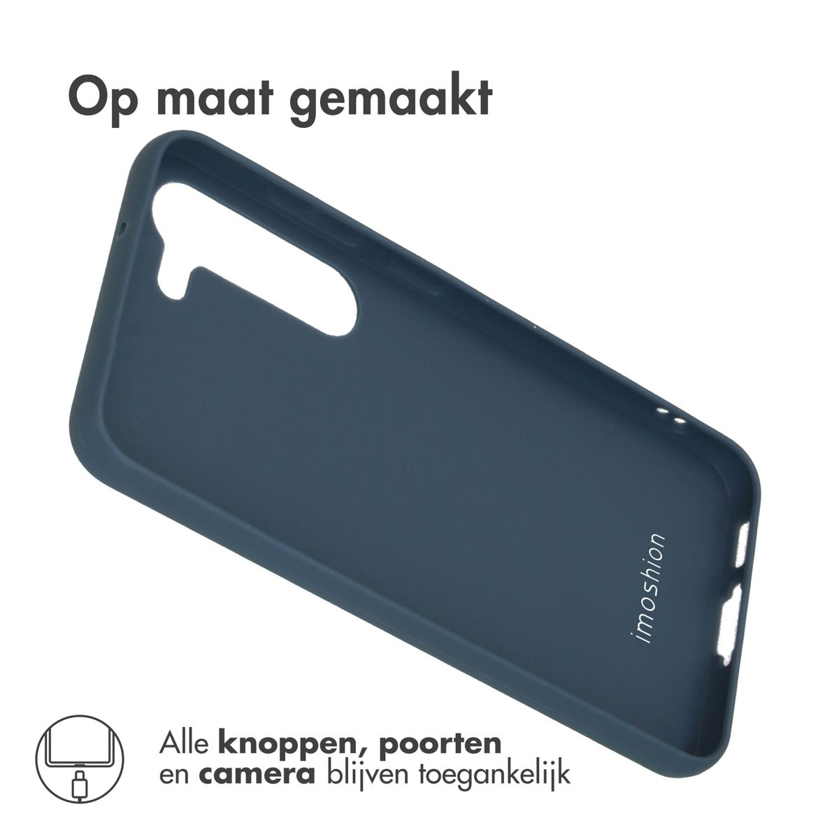 Donkerblauwe telefoonhoes op witte achtergrond. Nederlandse tekst: 'Op maat gemaakt'. 'Alle knoppen, poorten en camera blijven toegankelijk'.