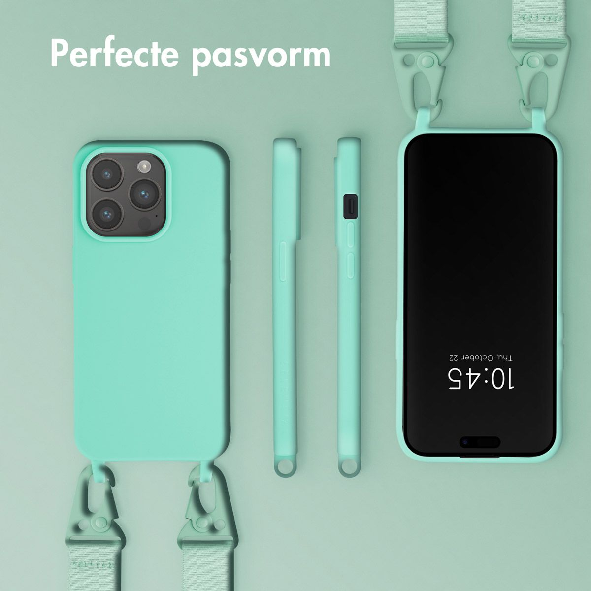 L'image montre une coque de téléphone vert d'eau avec un téléphone. Le téléphone affiche l'heure : 10h45. De plus, il y a deux parties de coque de téléphone vert d'eau.