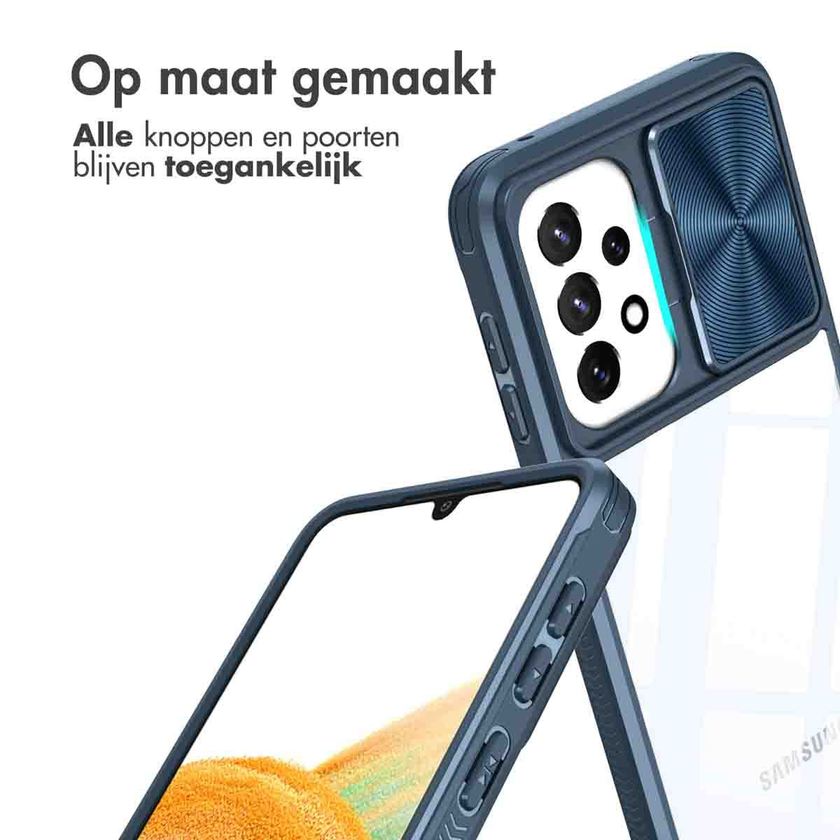 Een telefoonhoesje wordt getoond, met de camera, knoppen en poorten van de telefoon. De hoes is donkerblauw, met Nederlandse tekst bovenaan.