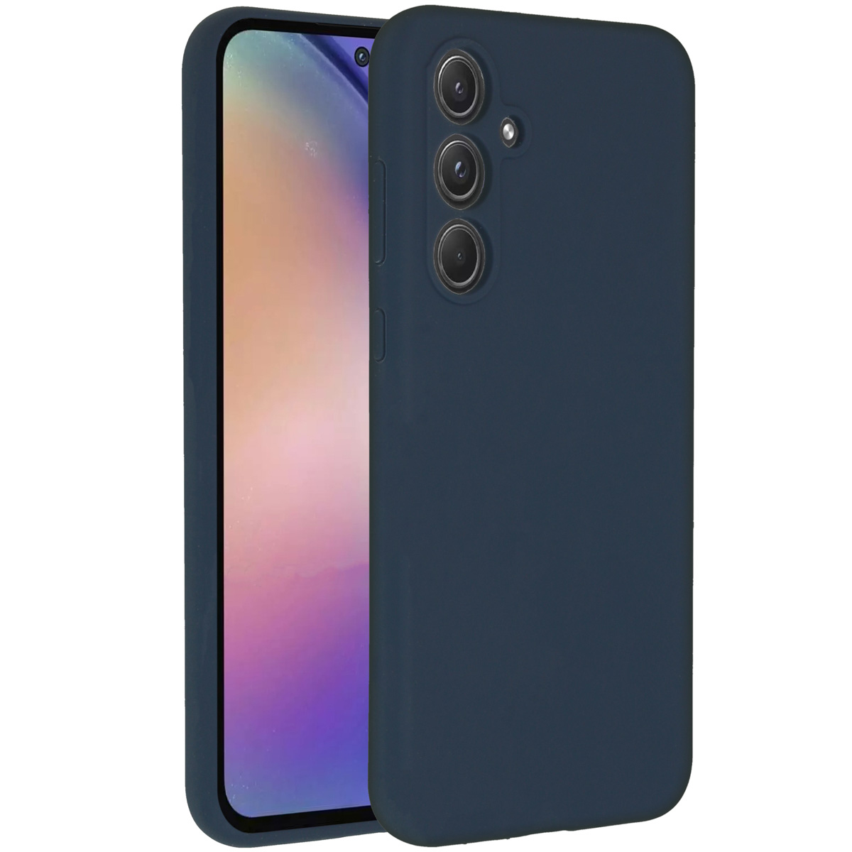 Une coque de téléphone bleu foncé à côté d'un téléphone. L'écran du téléphone affiche un dégradé de couleurs. La coque a trois trous pour l'appareil photo.