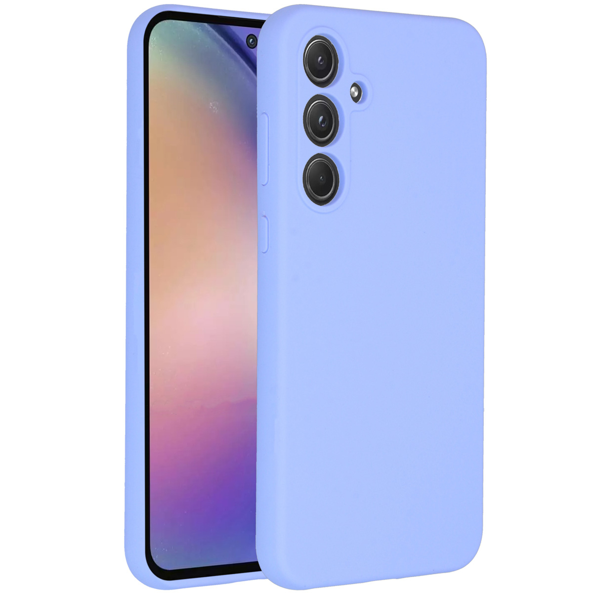 Une coque de téléphone violet clair avec un téléphone à l'intérieur. La coque a trois trous pour l'appareil photo et des boutons. L'écran est visible.