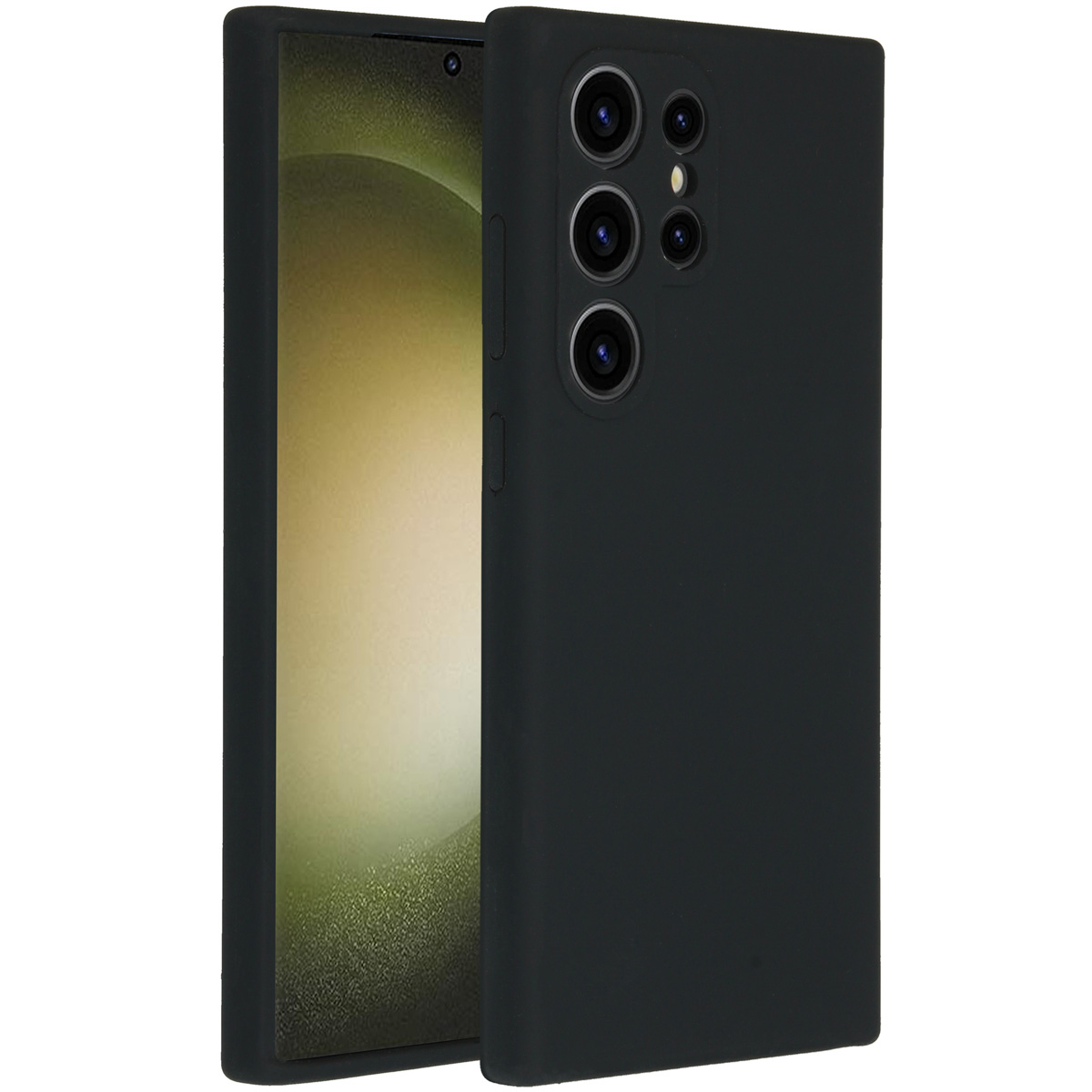 Een zwarte smartphone met hoesje, met de cameralenzen. De telefoon ligt op een wit oppervlak met een vage achtergrond.