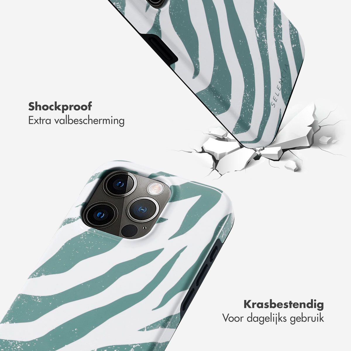 Telefoonhoesjes met zebra-patroon. Eentje valt, barst een oppervlak. Tekst: 'Schokbestendig' en 'Krasbestendig'.