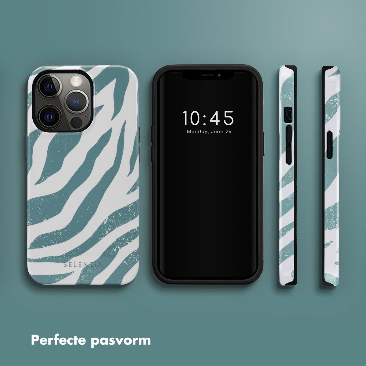 Een telefoon en twee telefoonhoesjes met een zebrapatroon worden weergegeven. De telefoon toont de tijd. De achtergrond is teal.