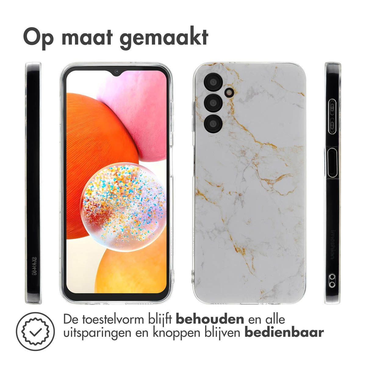 Een telefoonhoesje met marmerdesign, een telefoon met een kleurrijke achtergrond en tekst in het Nederlands: 'Op maat gemaakt'.