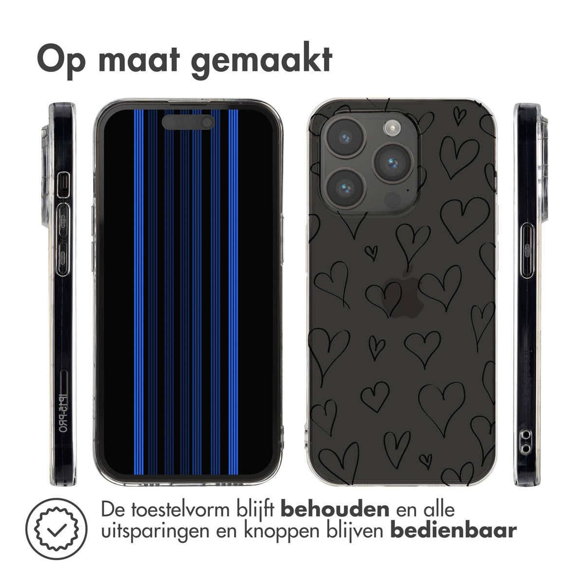 Drie telefoonhoesjes: één met blauwe strepen, één met hartjes en twee die de zijkanten laten zien. De tekst luidt 'Op maat gemaakt'.