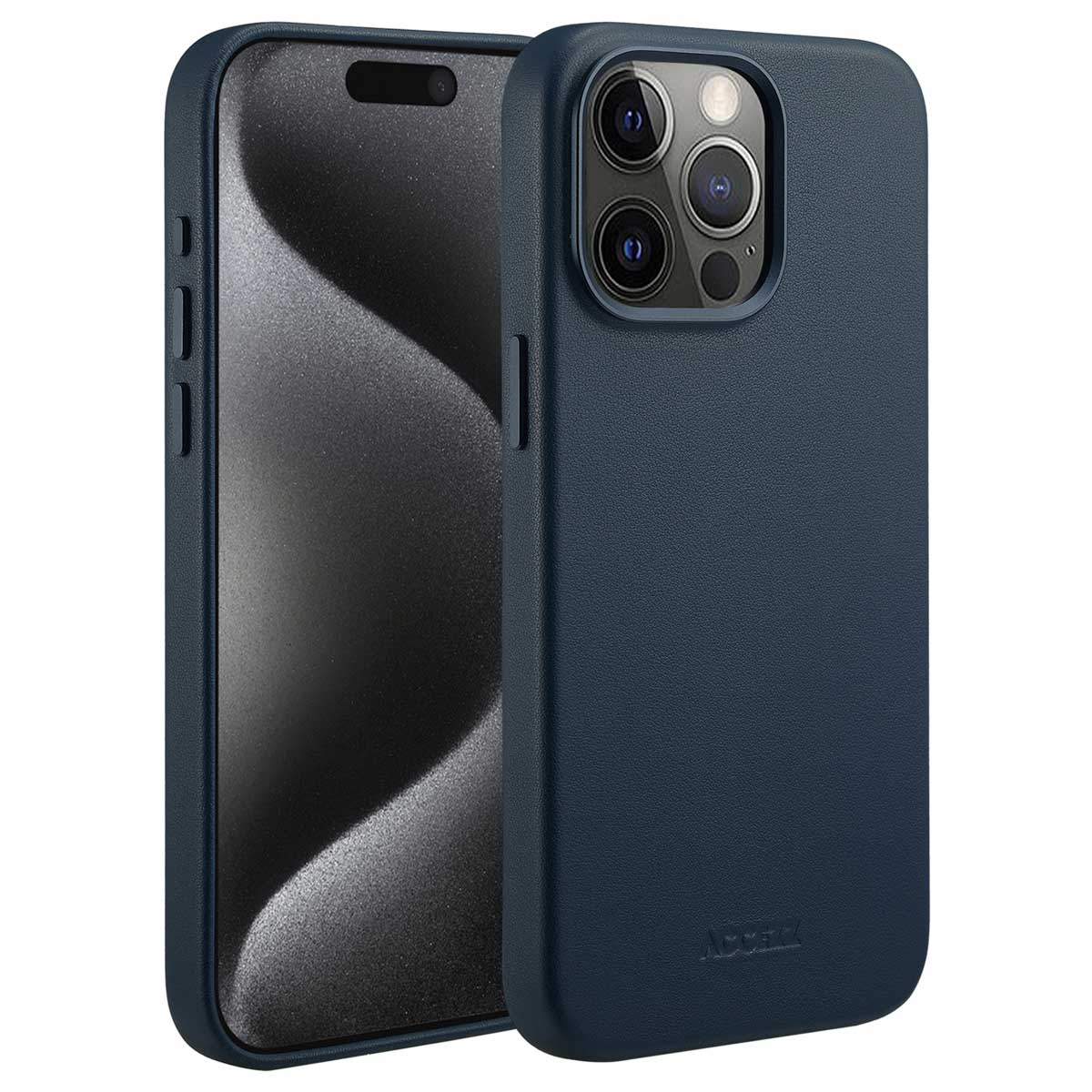 Twee marineblauwe telefoonhoesjes, één met een telefoon erin. De hoes heeft een gestructureerd oppervlak en de camera van de telefoon is zichtbaar.