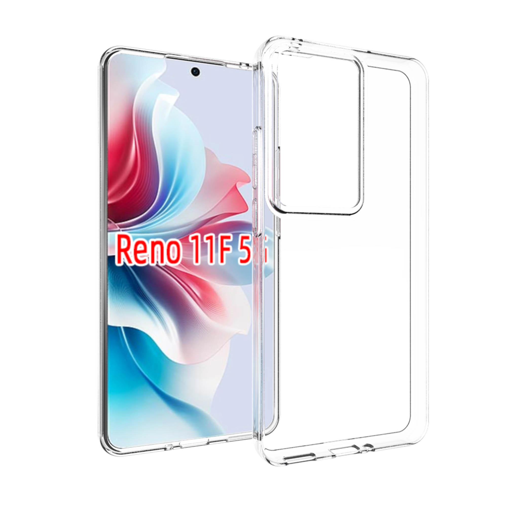 Een telefoon in een transparante hoes. Het scherm toont een kleurrijke abstracte afbeelding met 'Reno 11F 5G'.