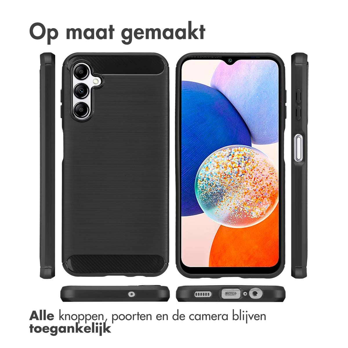 Un téléphone dans un étui noir. L'étui a un dos texturé et des découpes pour la caméra et les ports. L'écran est visible.