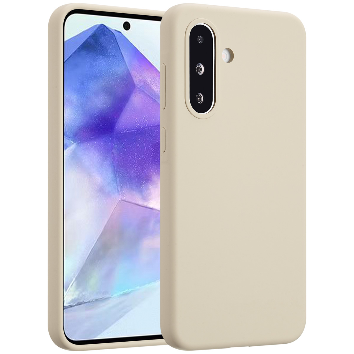 Beige telefoon met een beschermhoesje. Het scherm toont een kleurrijke abstracte afbeelding. De telefoon heeft een cameramodule en knoppen.