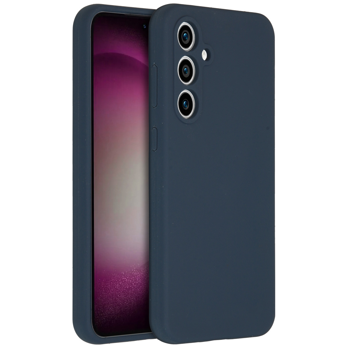 Een donkerblauwe telefoonhoes naast een telefoon met een paars scherm. De hoes heeft camera-uitsparingen en knoppen.