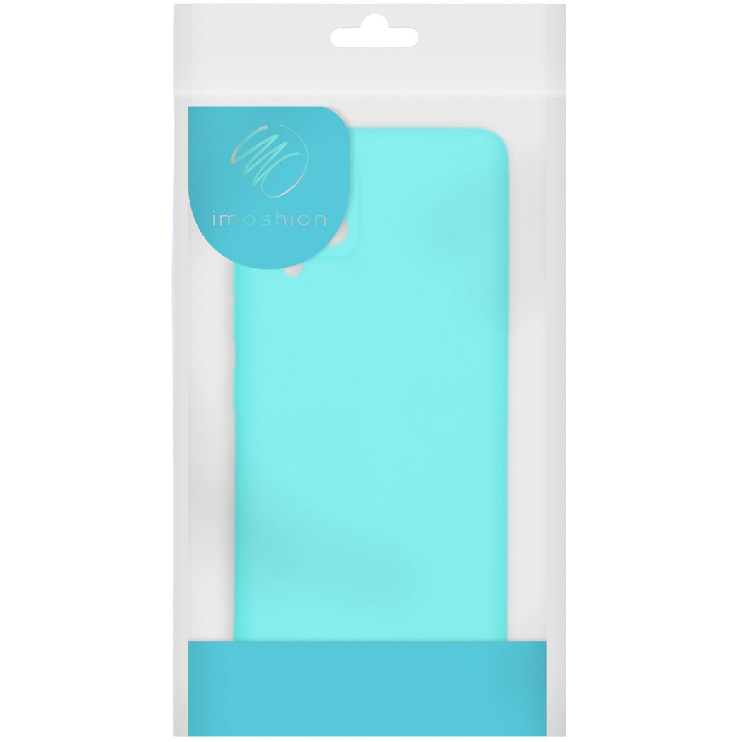 Una custodia per telefono in una confezione di plastica trasparente. La custodia è turchese con il marchio 'imoshion' su un'etichetta blu.