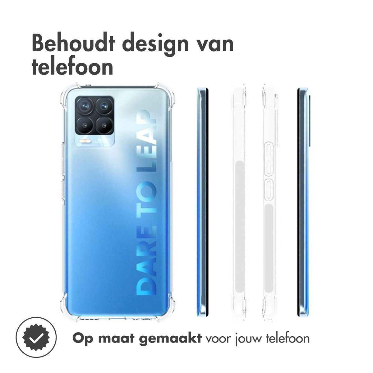 Un telefono in una custodia con la scritta 'DARE TO LEAP'. Accanto al telefono, sono visibili altri modelli di custodie.