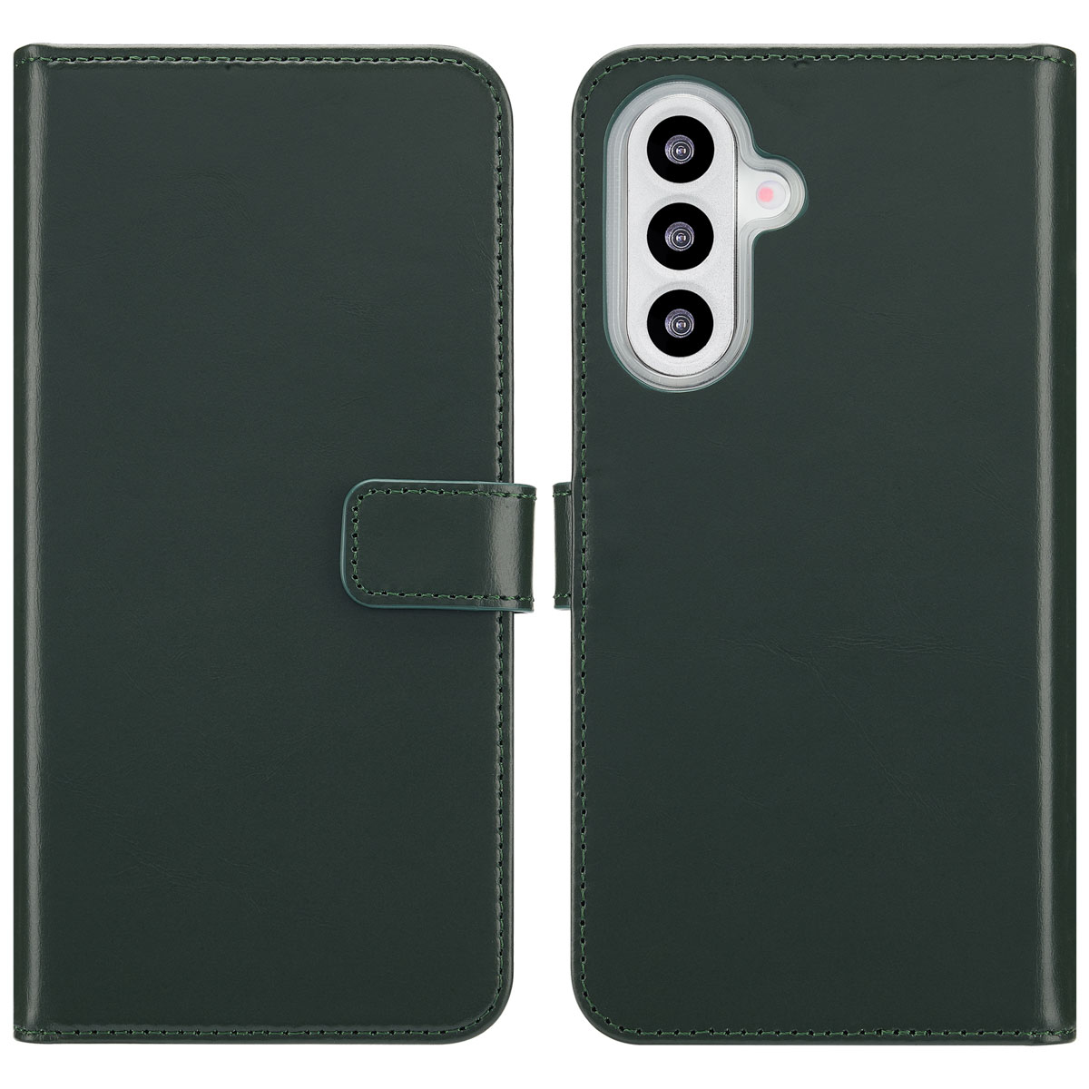 Un étui de téléphone vert foncé, ouvert. Il possède une fermeture magnétique et de l'espace pour les caméras du téléphone. L'étui est en cuir.