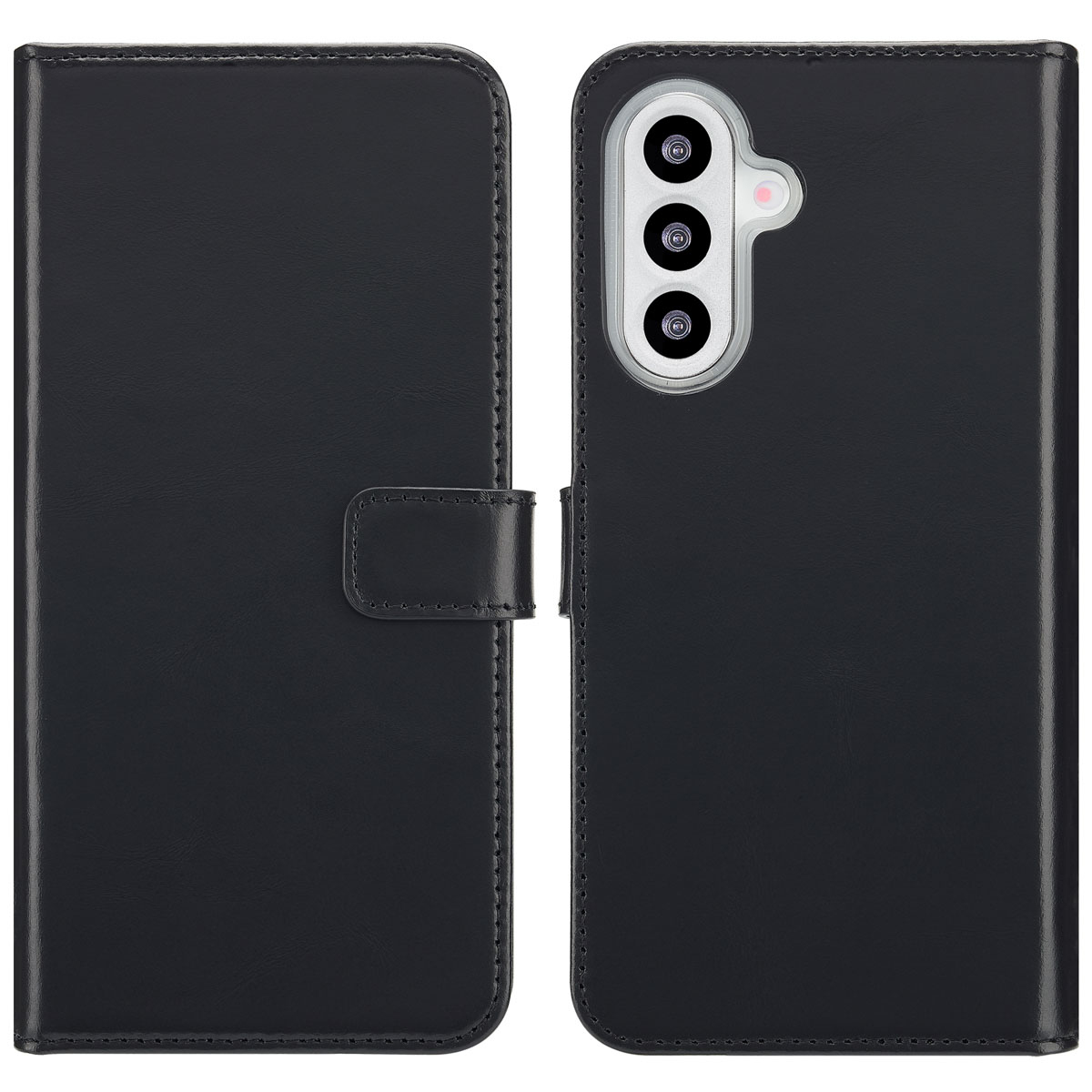 Un étui de téléphone noir, ouvert pour révéler le téléphone. L'étui a une fermeture magnétique. Le téléphone a trois caméras.