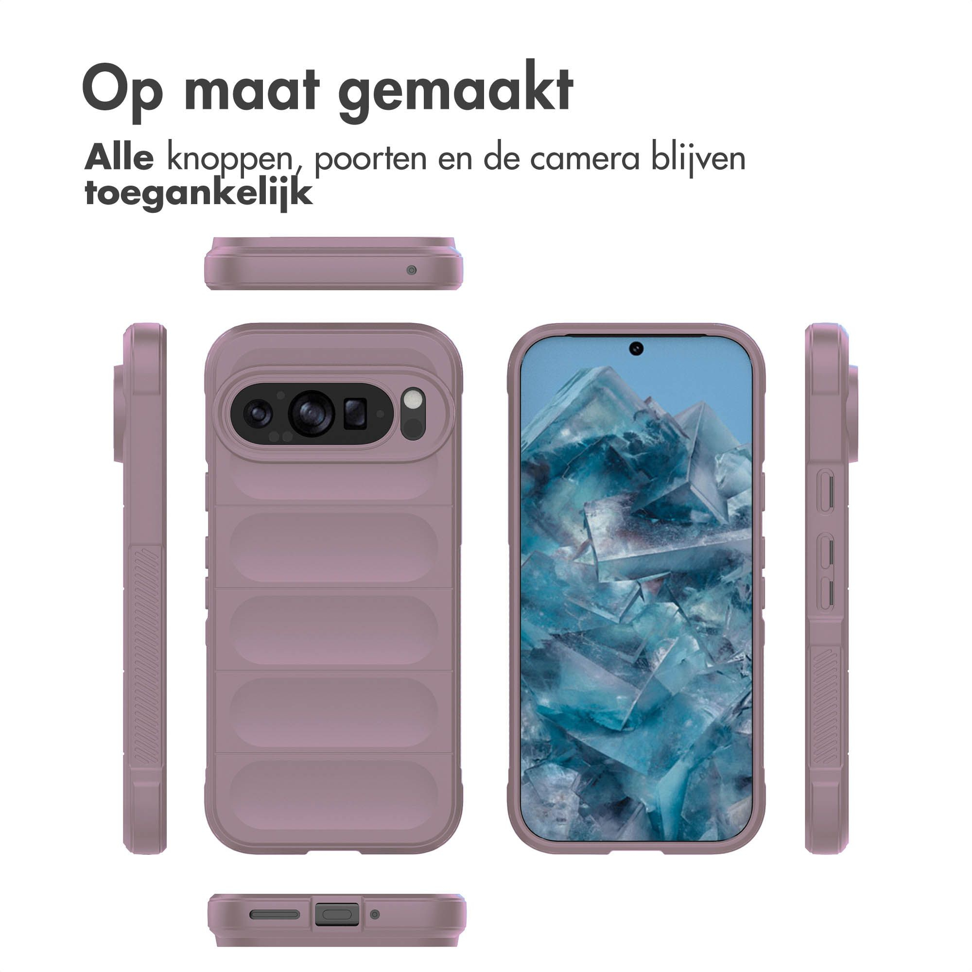 Er wordt een telefoonhoesje getoond, dat de telefoon en de hoes vanuit verschillende hoeken toont. Het is mauve van kleur.