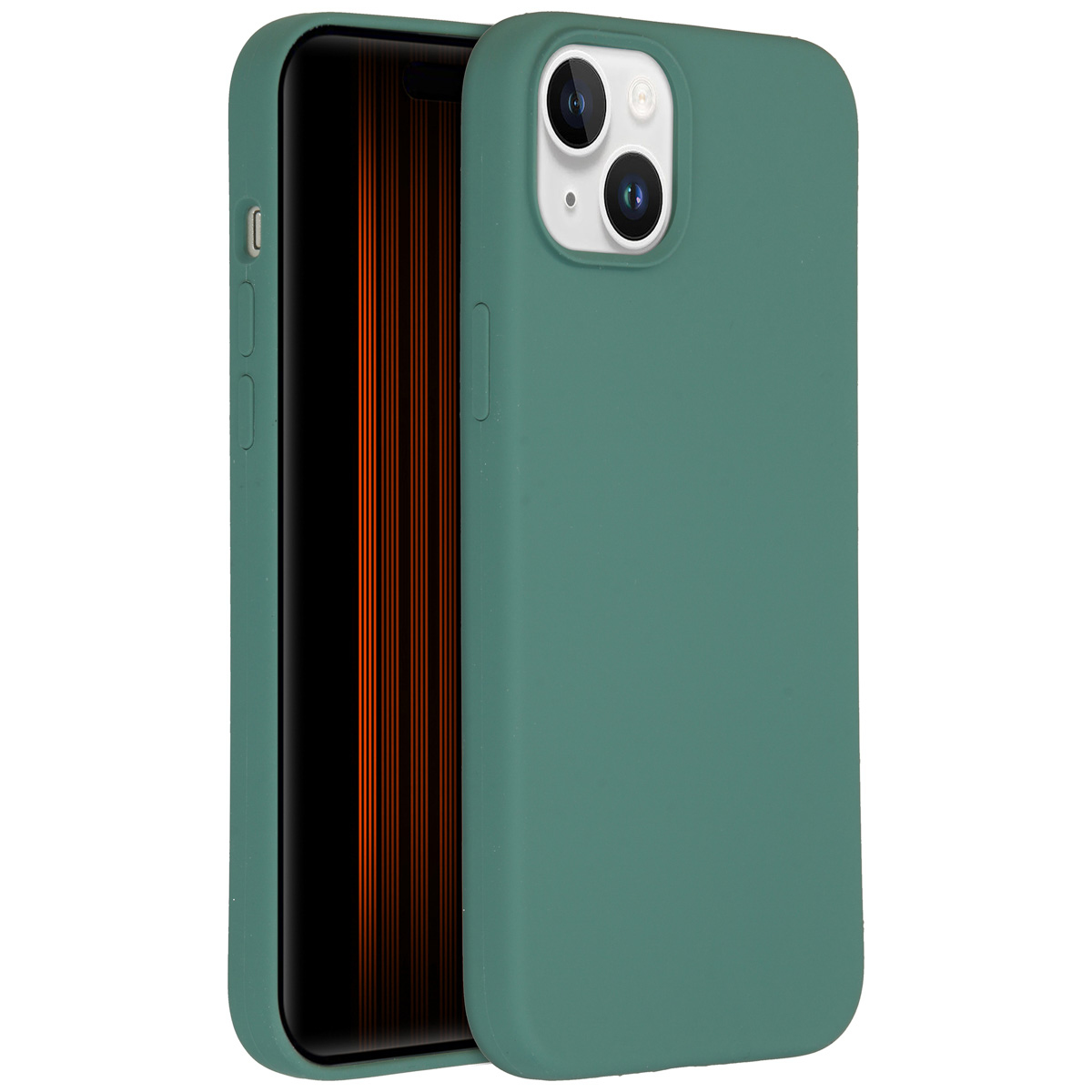 Een groene telefoonhoes en een telefoon met een oranje gestreept scherm. De hoes heeft camera-uitsparingen en knoppen. Witte achtergrond.