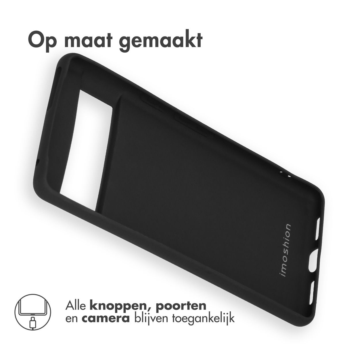 Zwarte telefoonhoes met tekst 'Op maat gemaakt' en 'Alle knoppen, poorten en camera blijven toegankelijk'. Imoshion logo.
