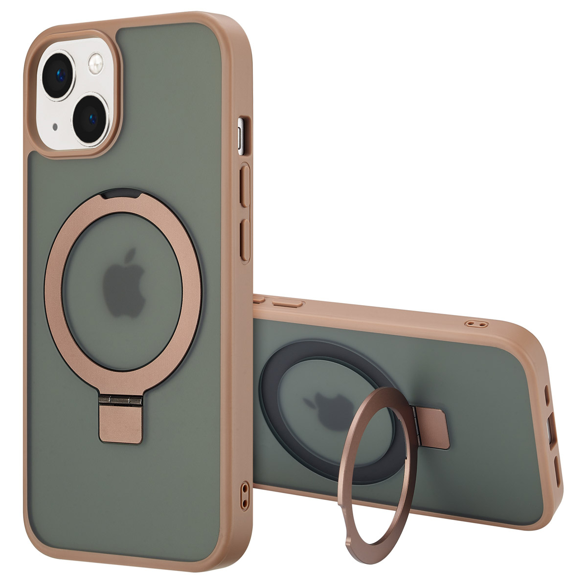 Twee telefoonhoesjes. Eén staat rechtop, de andere ligt plat. Beide hebben een magnetische ringhouder. De hoes is olijfgroen met bruine rand.