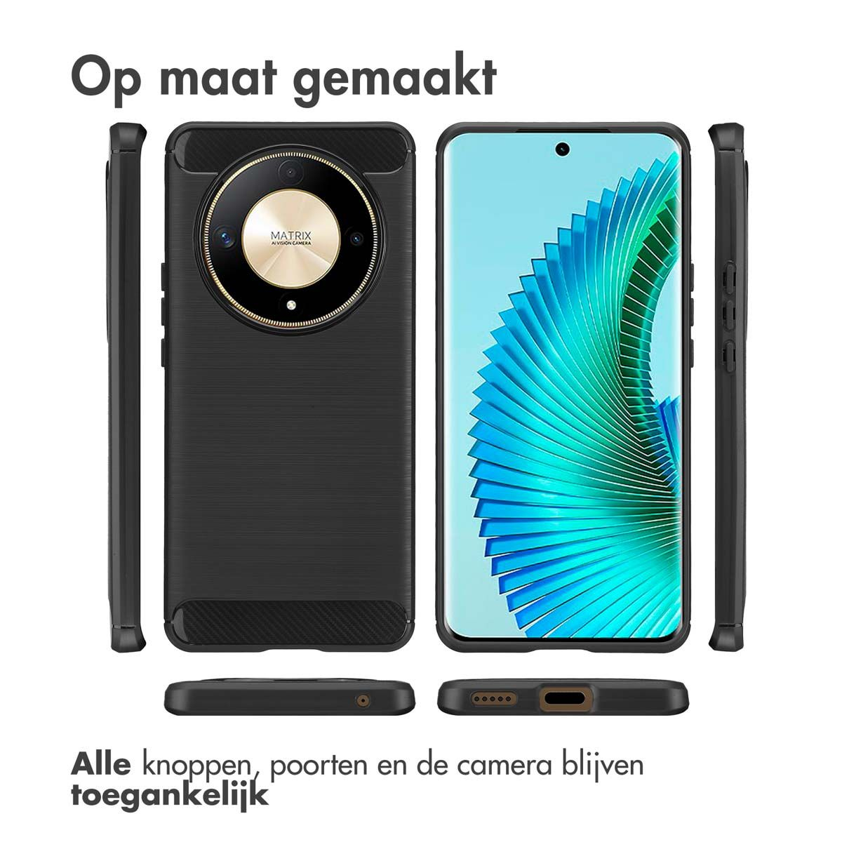 Custodia per telefono con telefono all'interno. La custodia è nera con una fotocamera. Lo schermo del telefono mostra un design blu e verde.