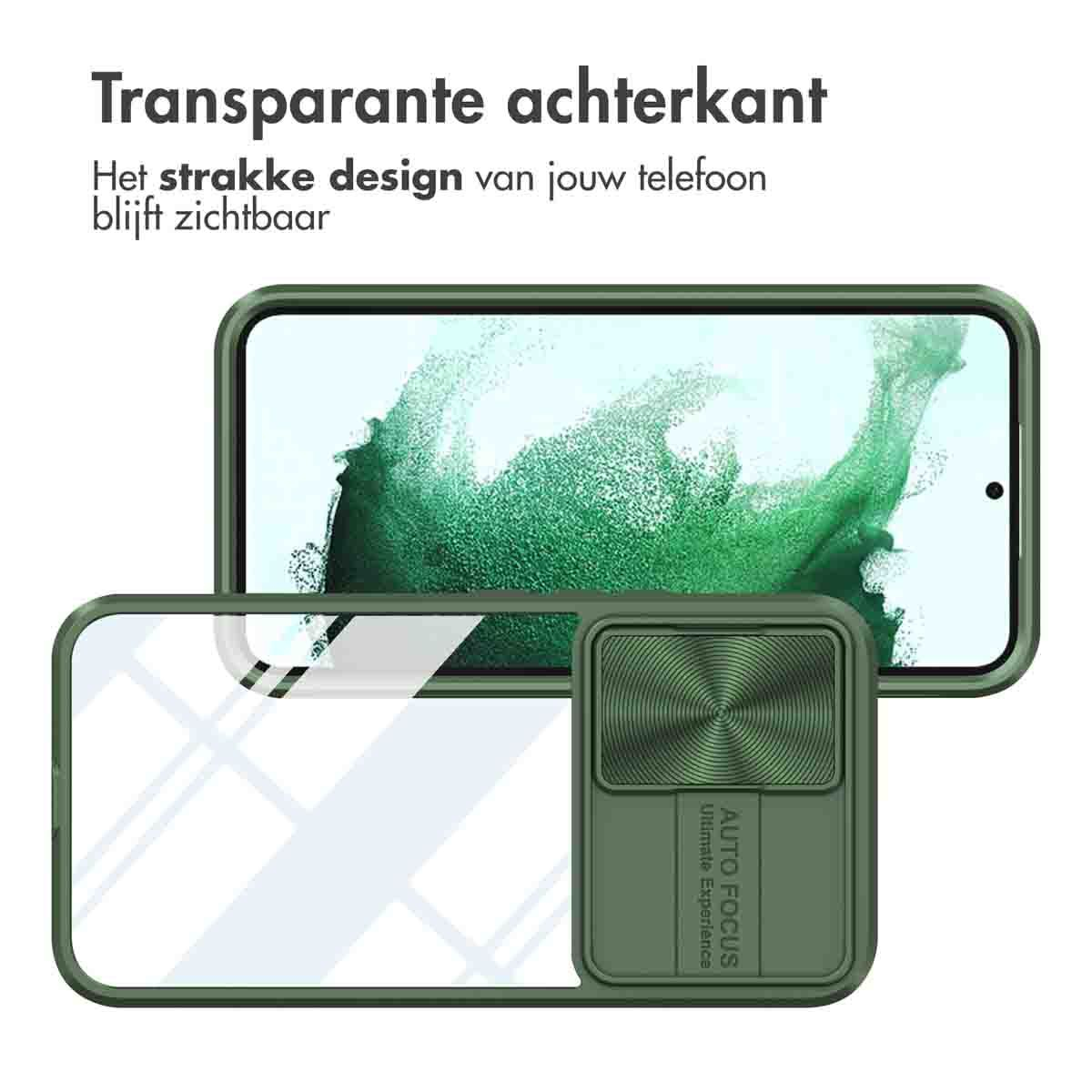 Telefoonhoesje, groene rand, met een transparante achterkant en camerabescherming. Het scherm toont een groene abstracte achtergrond.