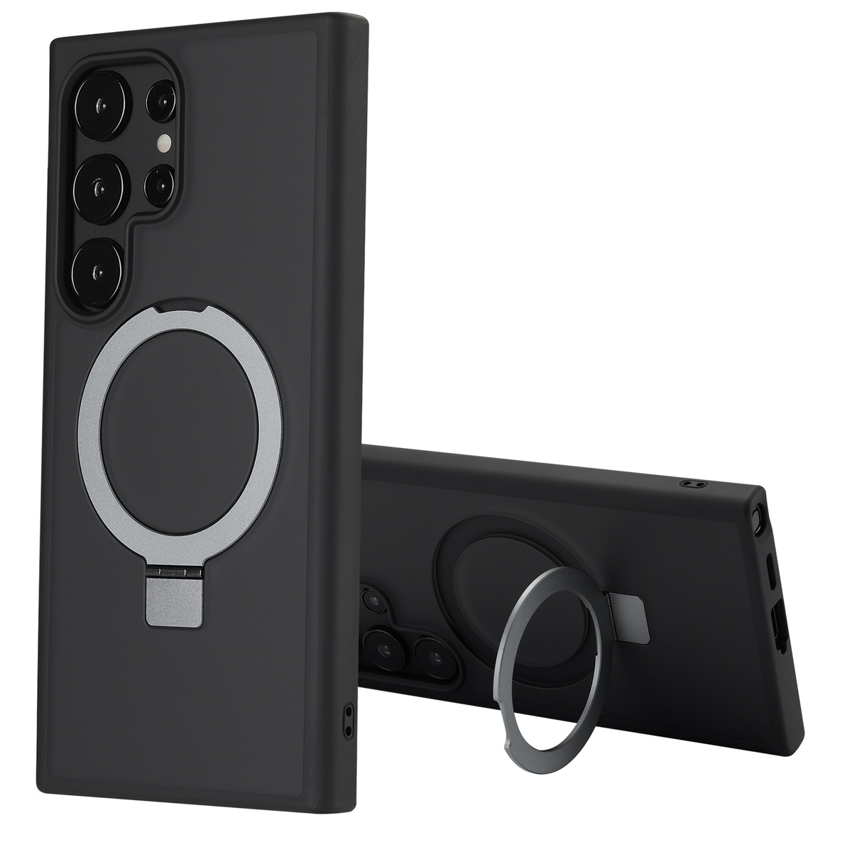 Twee zwarte telefoonhoesjes met zilveren ringhouders. Eén staat rechtop, de andere ligt, ring open. Witte achtergrond.