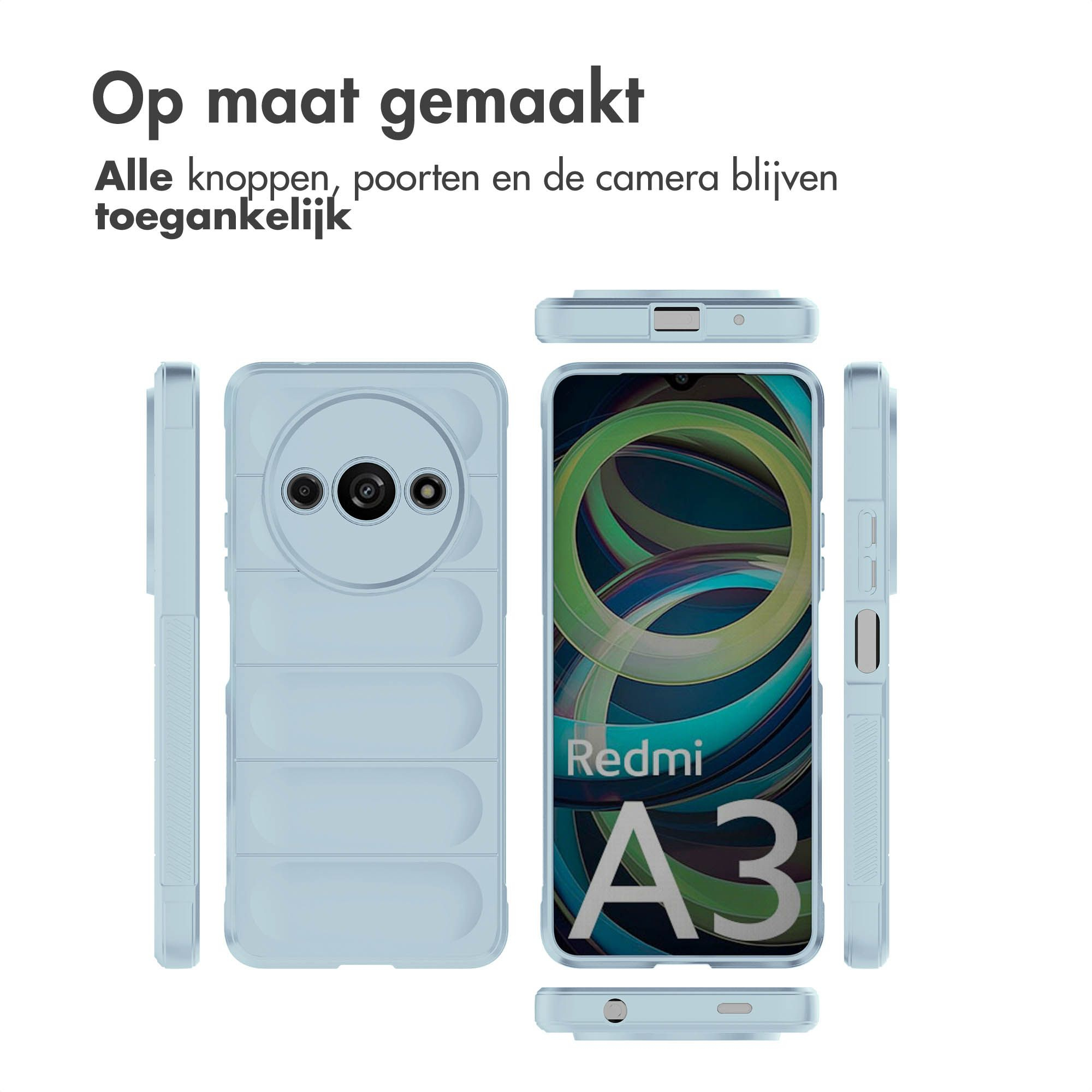 Coque de téléphone bleu clair avec un téléphone. Le téléphone est un Redmi A3.