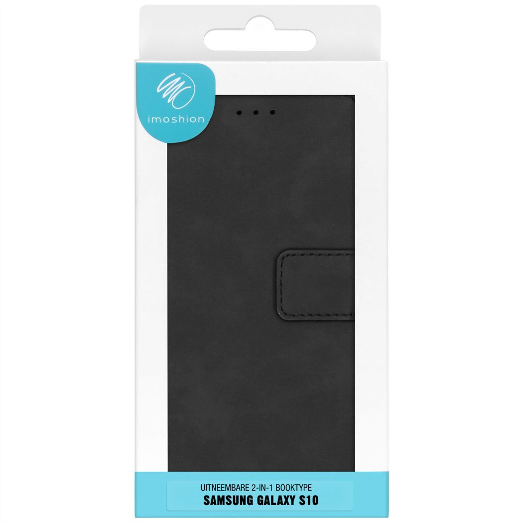 Una custodia nera per telefono Samsung Galaxy S10, etichettata 'imoshion'. La confezione è bianca con base blu e cover a ribalta.