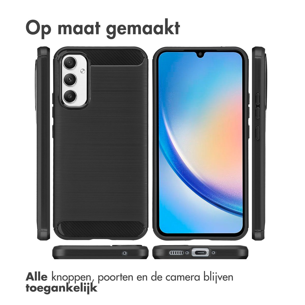 Viene mostrata una custodia per telefono con un telefono all'interno. La custodia è nera e presenta ritagli per i pulsanti e la fotocamera.
