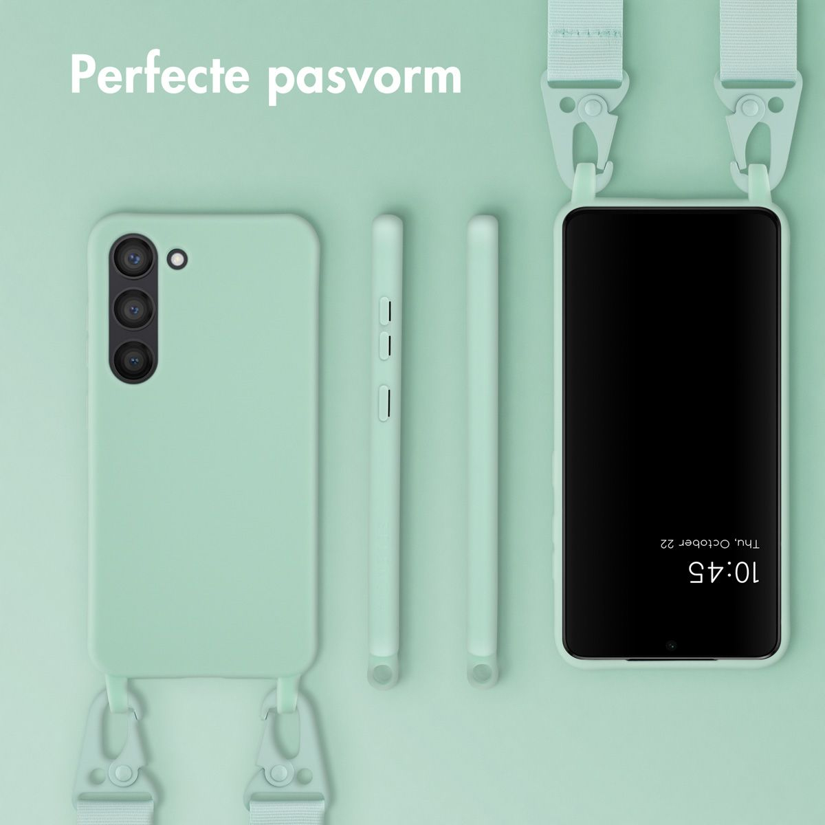Un étui de téléphone vert menthe, un téléphone et deux objets fins sont affichés. Un téléphone affiche l'heure. Sangle blanche avec crochets.