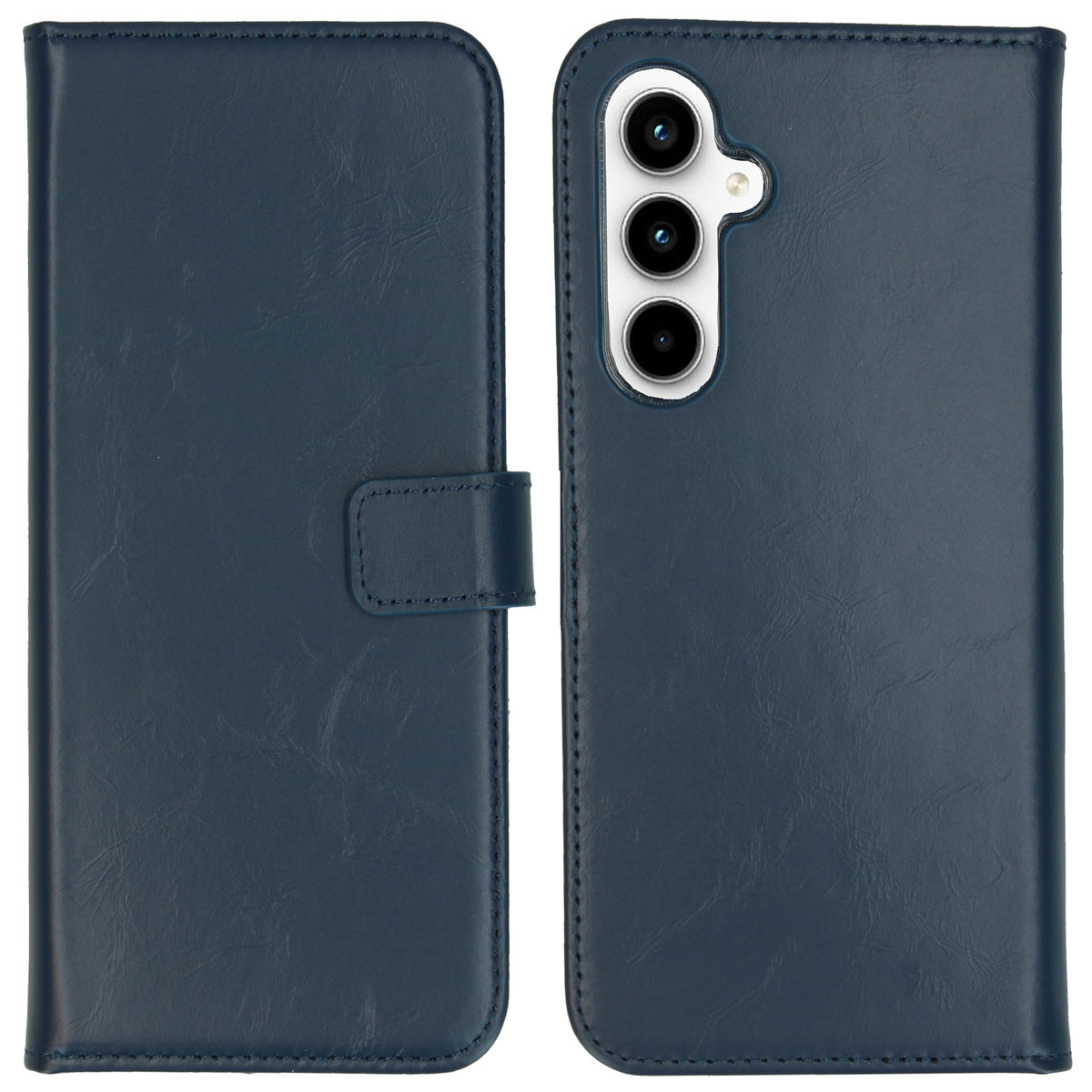 Étui de téléphone bleu foncé, ouvert. Le côté gauche est le rabat avec une fermeture, le droit montre le dos avec des caméras.