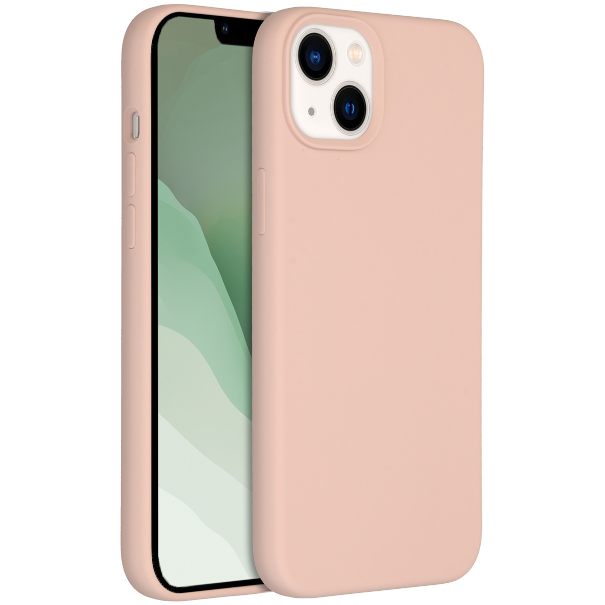 Twee roze telefoonhoesjes, één met een telefoon erin. Het telefoonscherm toont een groen en wit abstract ontwerp.